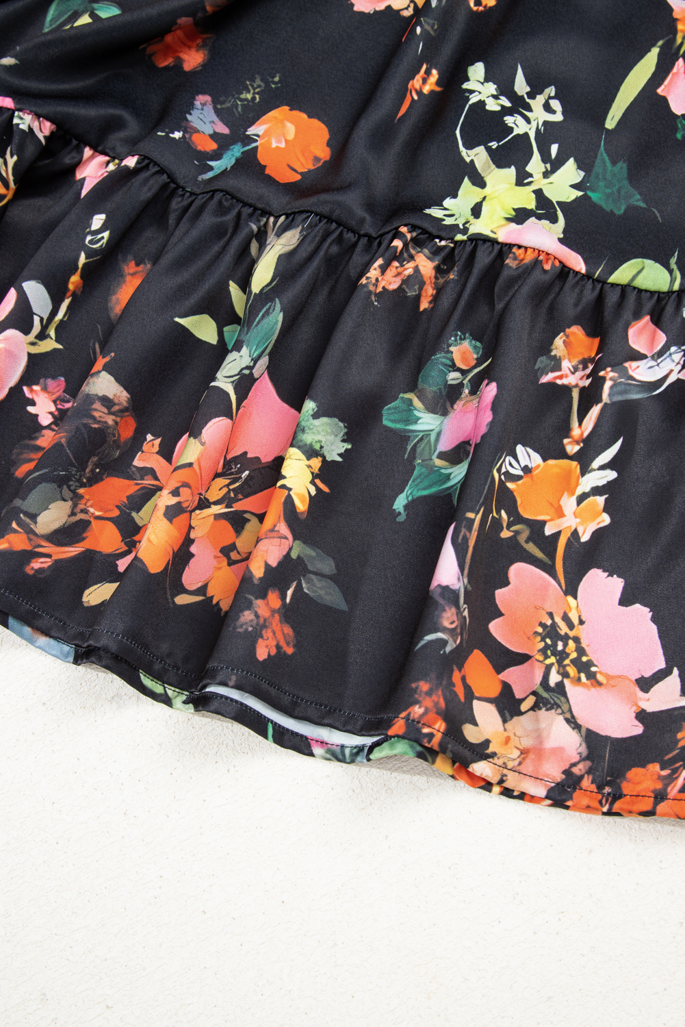 Plus Size Black  Floral Print Tie Neck Cinched Waist Long Sleeve Mini Dress