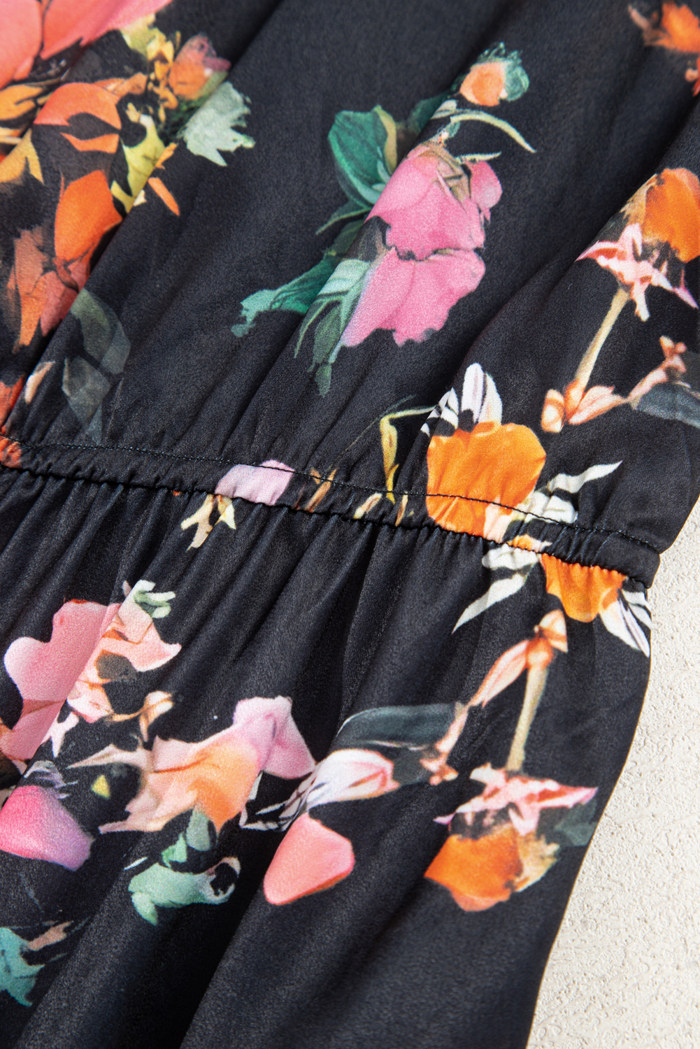 Plus Size Black  Floral Print Tie Neck Cinched Waist Long Sleeve Mini Dress