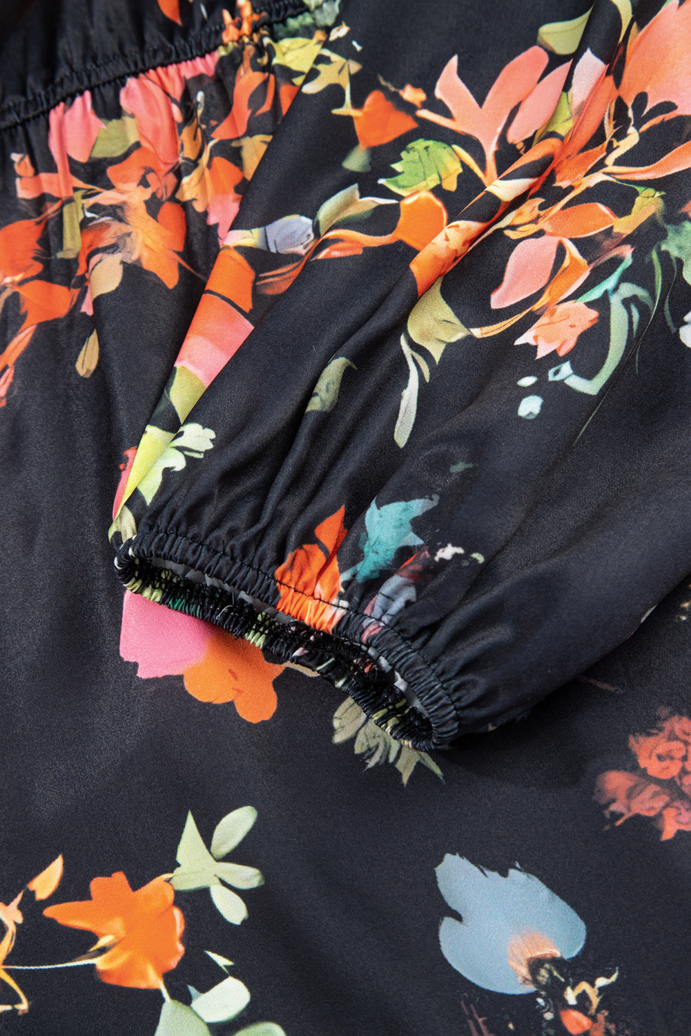 Plus Size Black  Floral Print Tie Neck Cinched Waist Long Sleeve Mini Dress