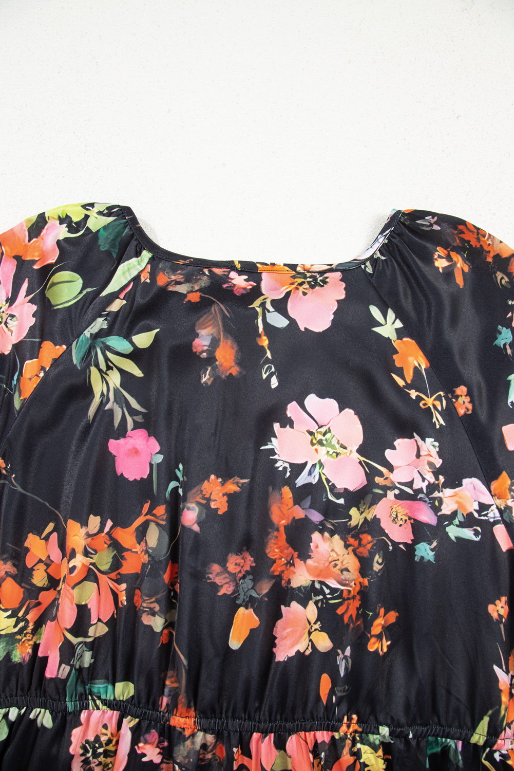 Plus Size Black  Floral Print Tie Neck Cinched Waist Long Sleeve Mini Dress