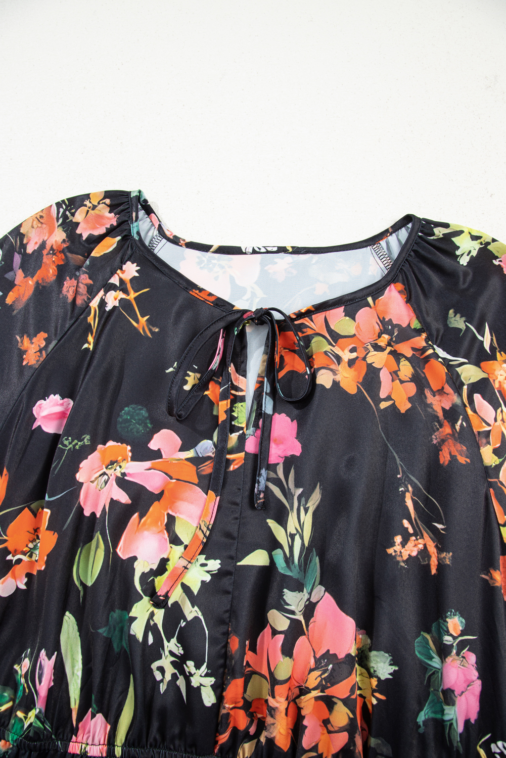 Plus Size Black  Floral Print Tie Neck Cinched Waist Long Sleeve Mini Dress