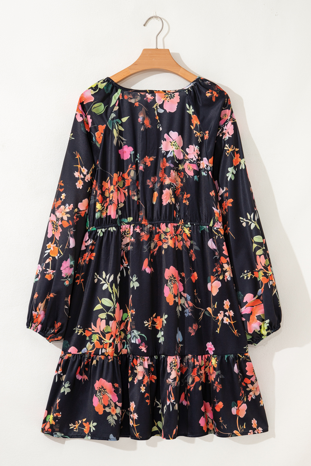 Plus Size Black  Floral Print Tie Neck Cinched Waist Long Sleeve Mini Dress