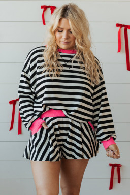 Plus Size Black Stripe Color Block Edge Pullover and Shorts  Set