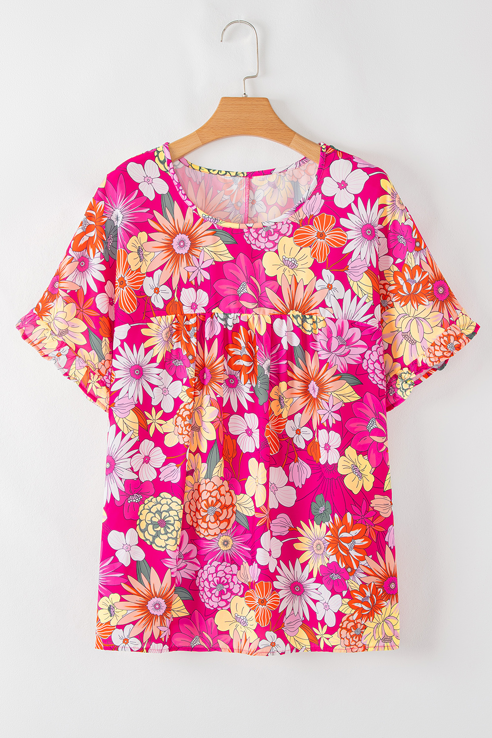 Plus Size Rose  Floral Print Ruffle Short Sleeve Blouse