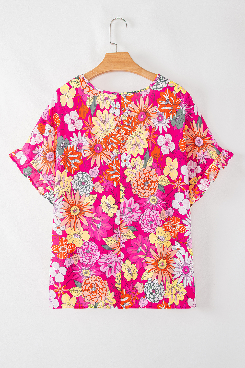Plus Size Rose  Floral Print Ruffle Short Sleeve Blouse