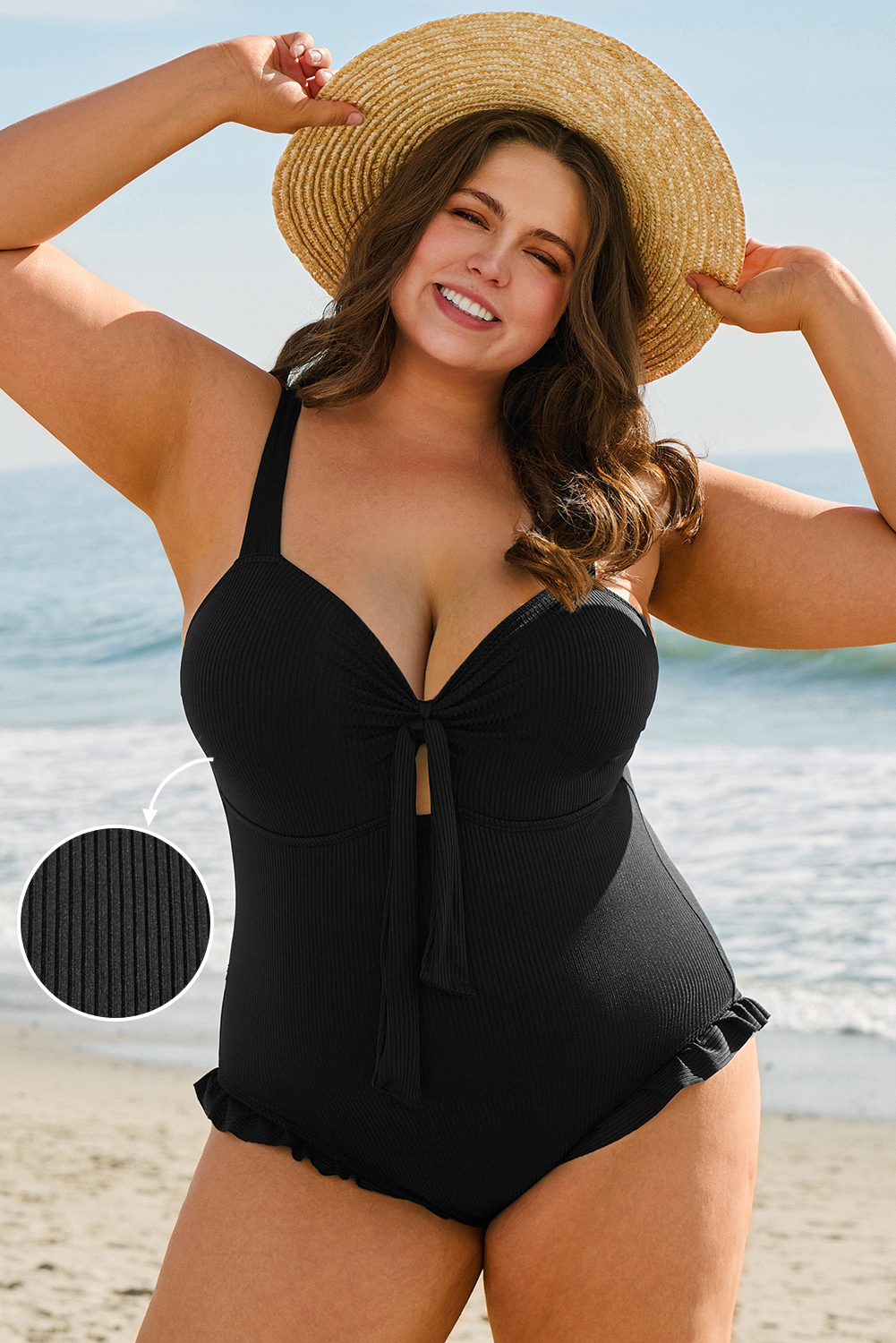 Plus Size Black  Textured Knotted Ruffled Trim One Piece Swimwear