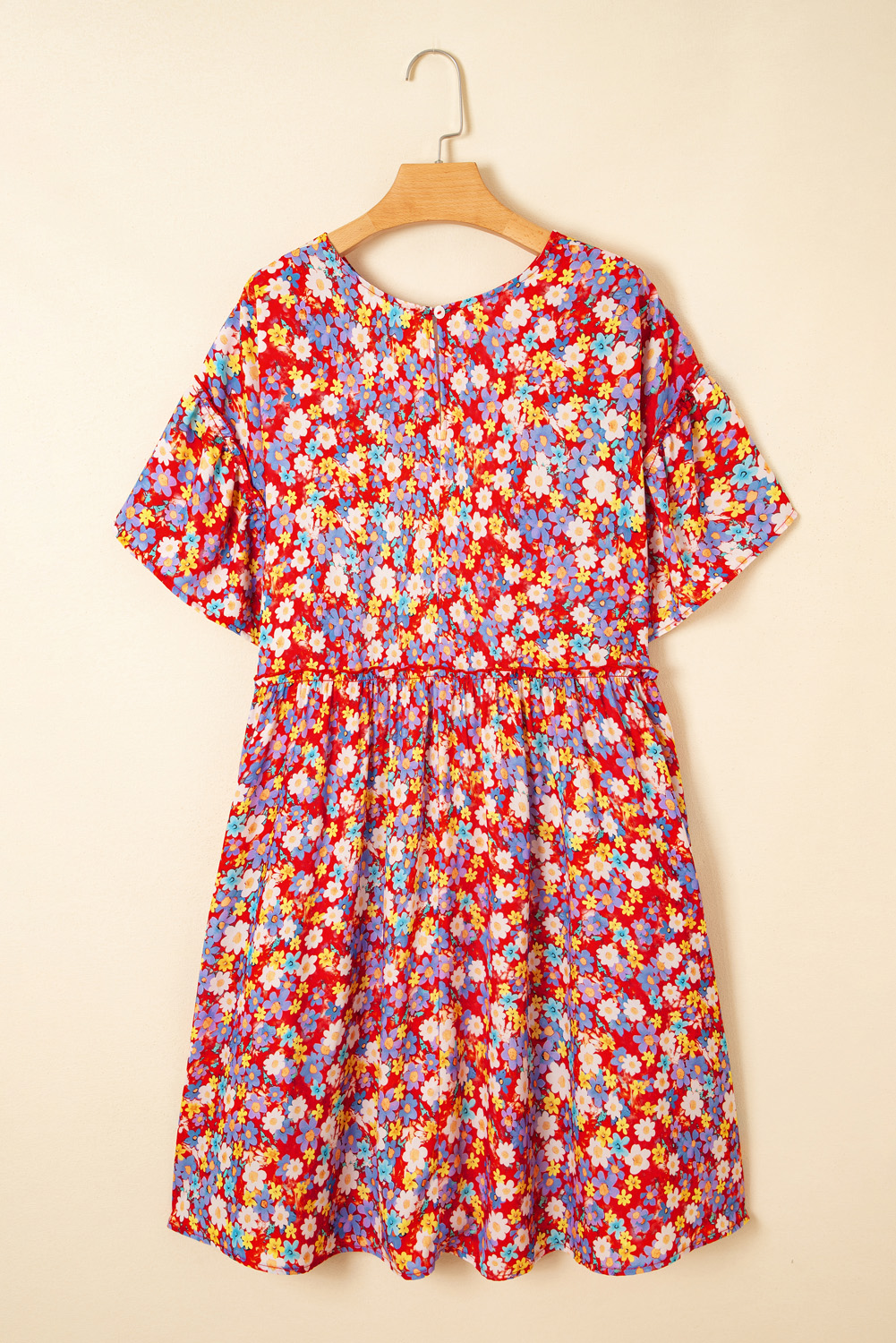 Plus Size Red Dainty Flower Printed  Short Sleeve Shift Dress