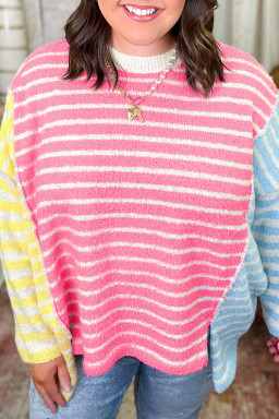 Plus Size Multicolour Striped Exposed Seam Colorblock Patchwork  Sweater