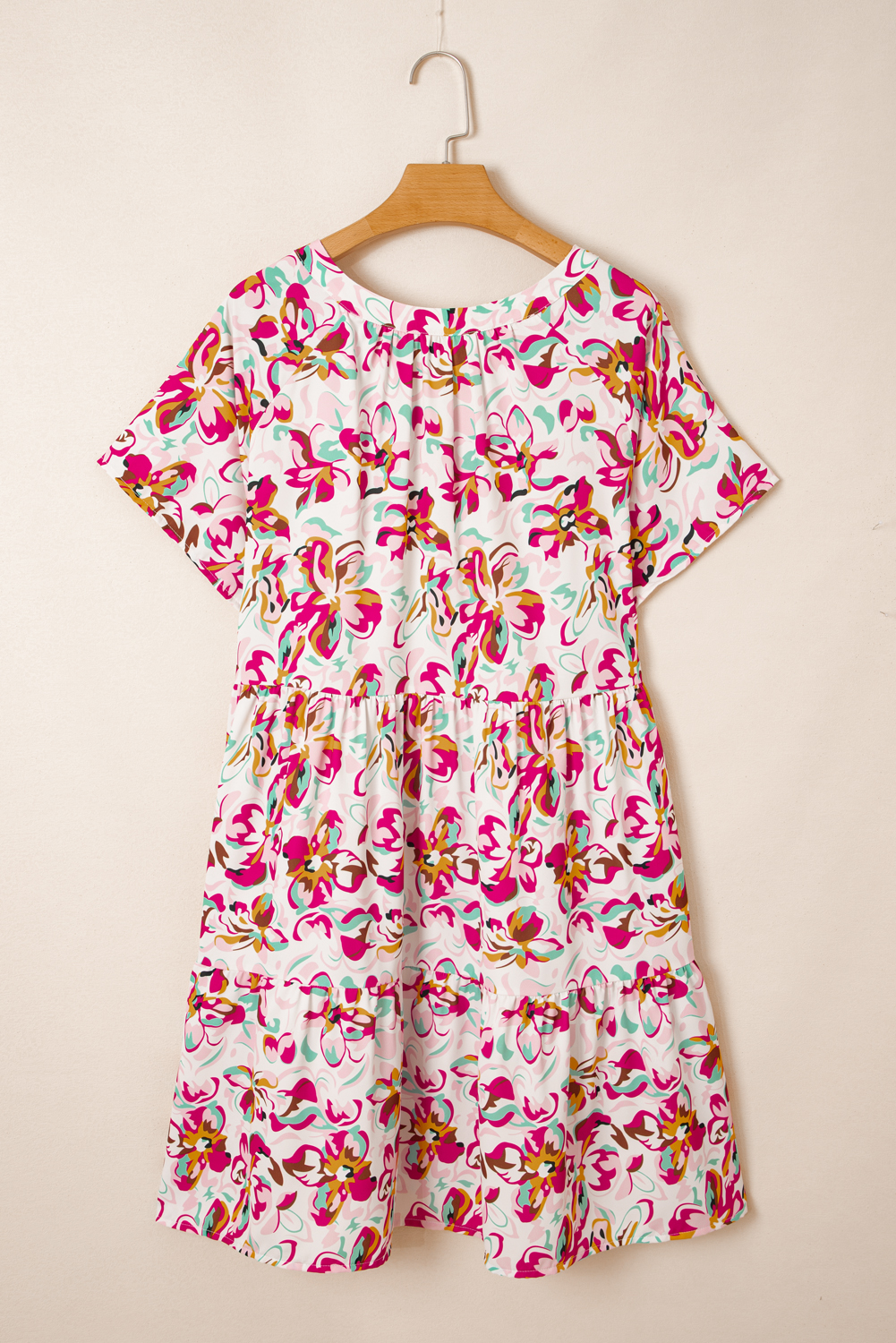 Plus Size White Abstract Print V Neck Short Sleeve Ruffled  Mini Dress