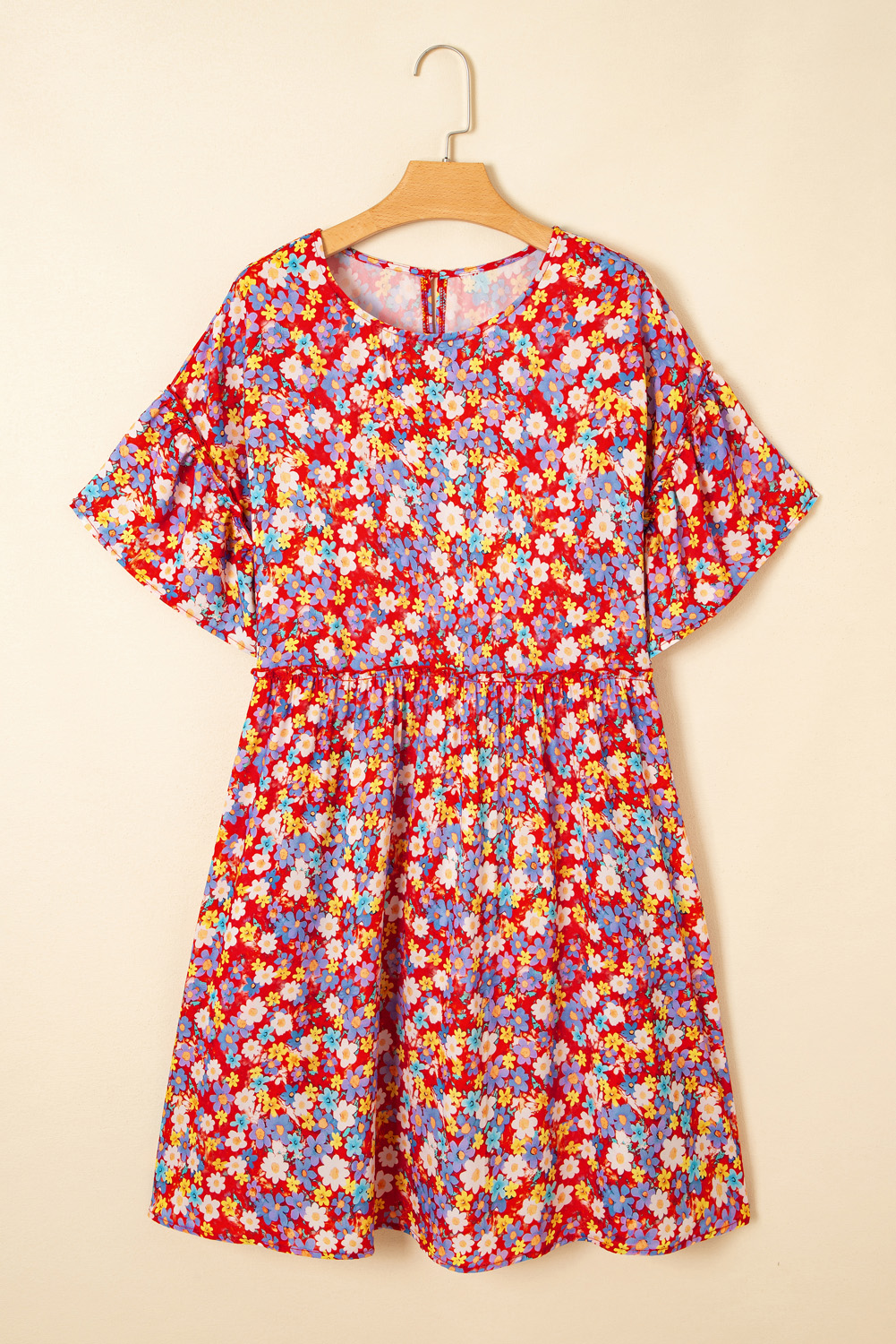 Plus Size Red Dainty Flower Printed  Short Sleeve Shift Dress