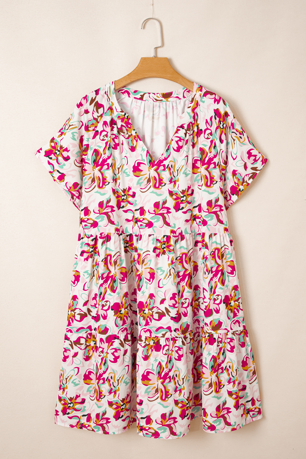 Plus Size White Abstract Print V Neck Short Sleeve Ruffled  Mini Dress
