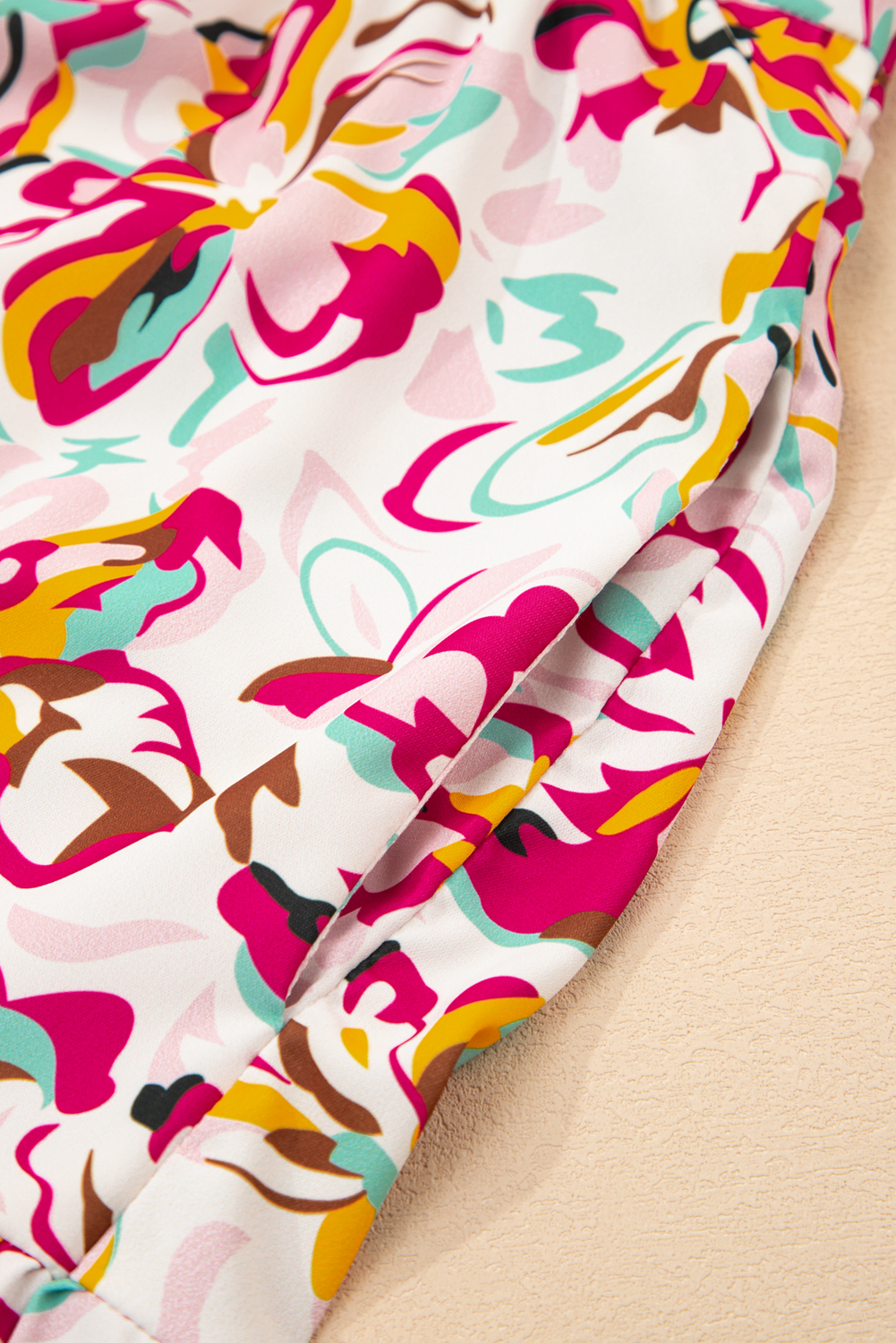 Plus Size White Abstract Print V Neck Short Sleeve Ruffled  Mini Dress