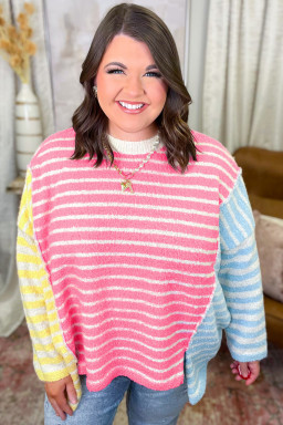 Plus Size Multicolour Striped Exposed Seam Colorblock Patchwork  Sweater