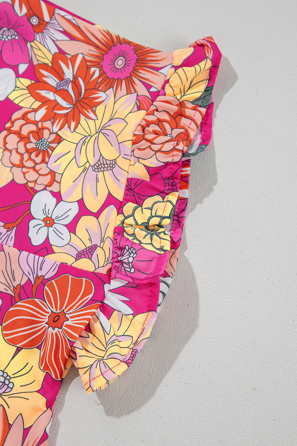 Plus Size Rose  Floral Print Ruffle Short Sleeve Blouse