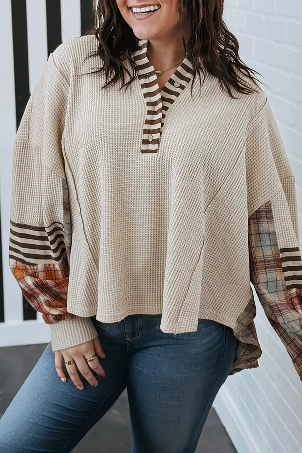 Plus Size Parchment Waffle Colorblock Striped Plaid Patchwork Half Button Pullover