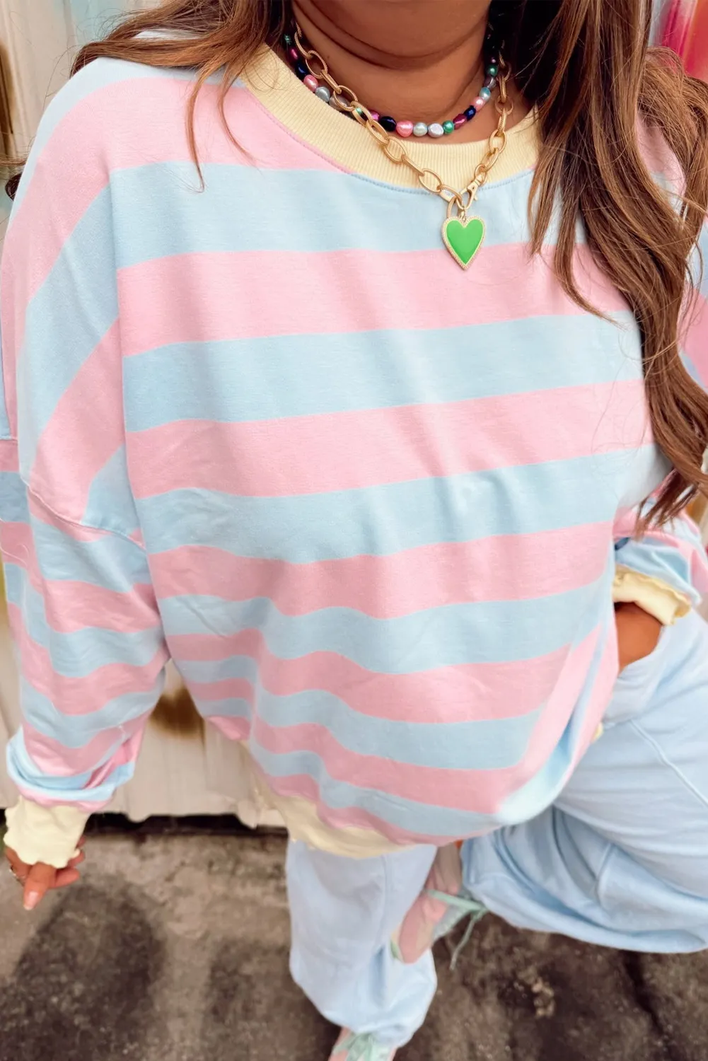 Plus Size Sky Blue Stripe Drop Shoulder Crewneck Sweatshirt