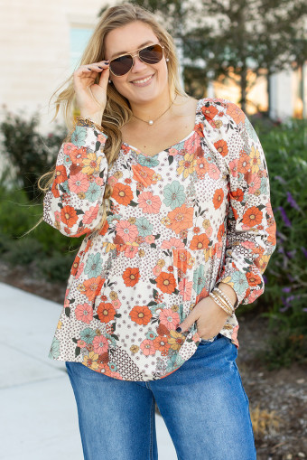 Plus Size Khaki  Flower Print Square Neck Peplum Blouse