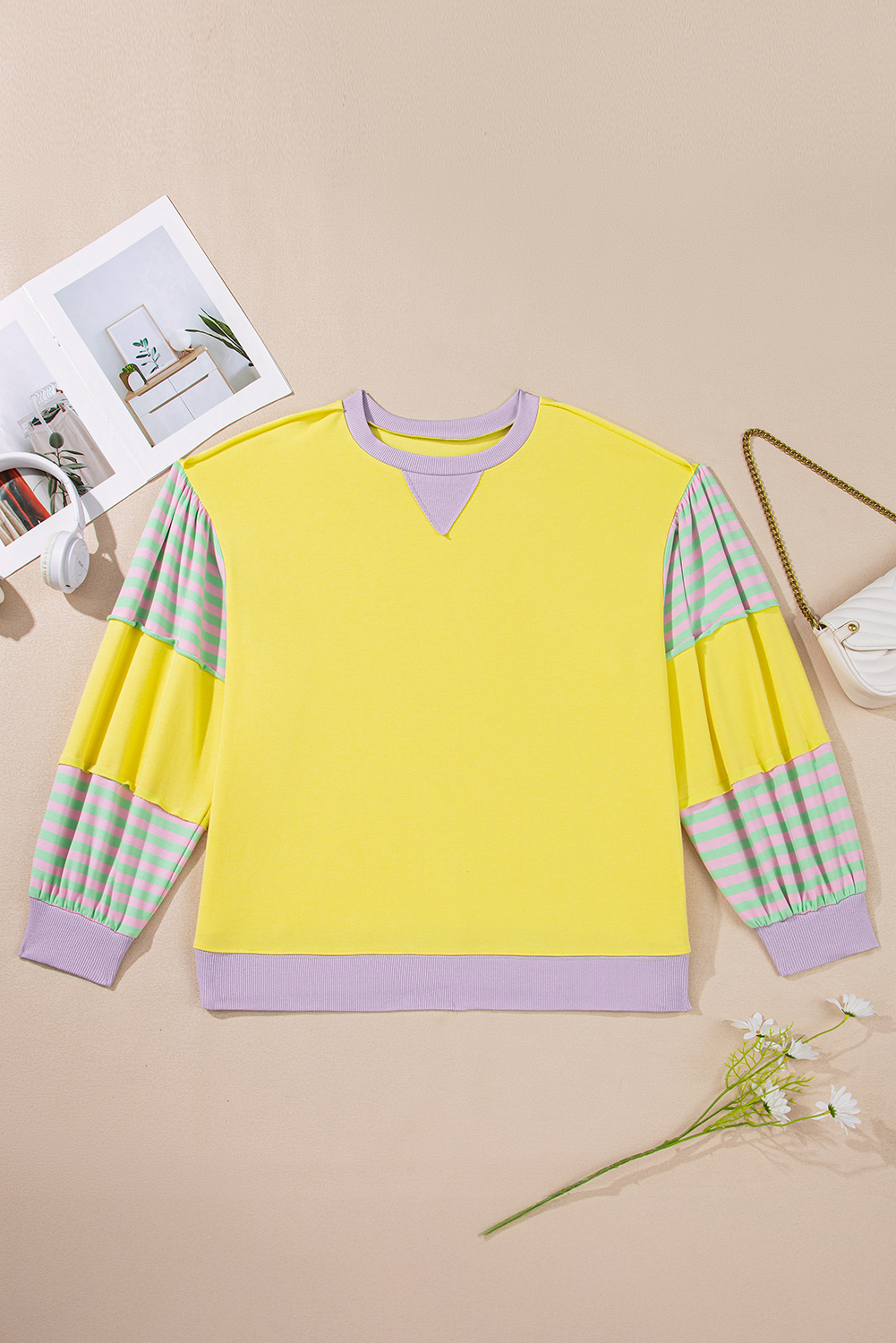 Plus Size Yellow Striped Color Block Patchwork Crewneck  Pullover Sweatshirt