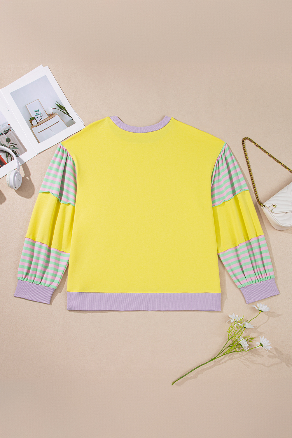 Plus Size Yellow Striped Color Block Patchwork Crewneck  Pullover Sweatshirt