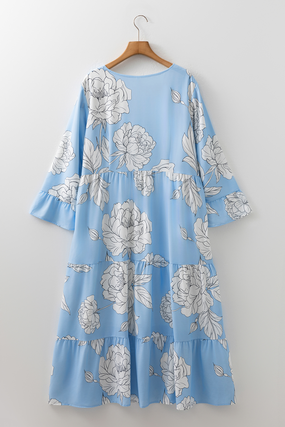Plus Size Sky Blue Floral Bracelet Sleeve V Neck  Tiered Maxi Dress