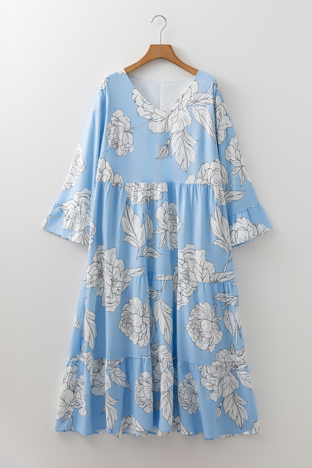 Plus Size Sky Blue Floral Bracelet Sleeve V Neck  Tiered Maxi Dress