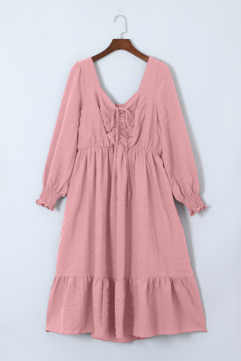 Plus Size Pink Lace-up Ruched Front Long Sleeve Ruffle Hem  Midi Dress