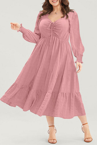 Plus Size Pink Lace-up Ruched Front Long Sleeve Ruffle Hem  Midi Dress