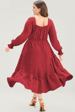 Plus Size Fiery Red Lace-up Ruched Front Long Sleeve Ruffle Hem  Midi Dress