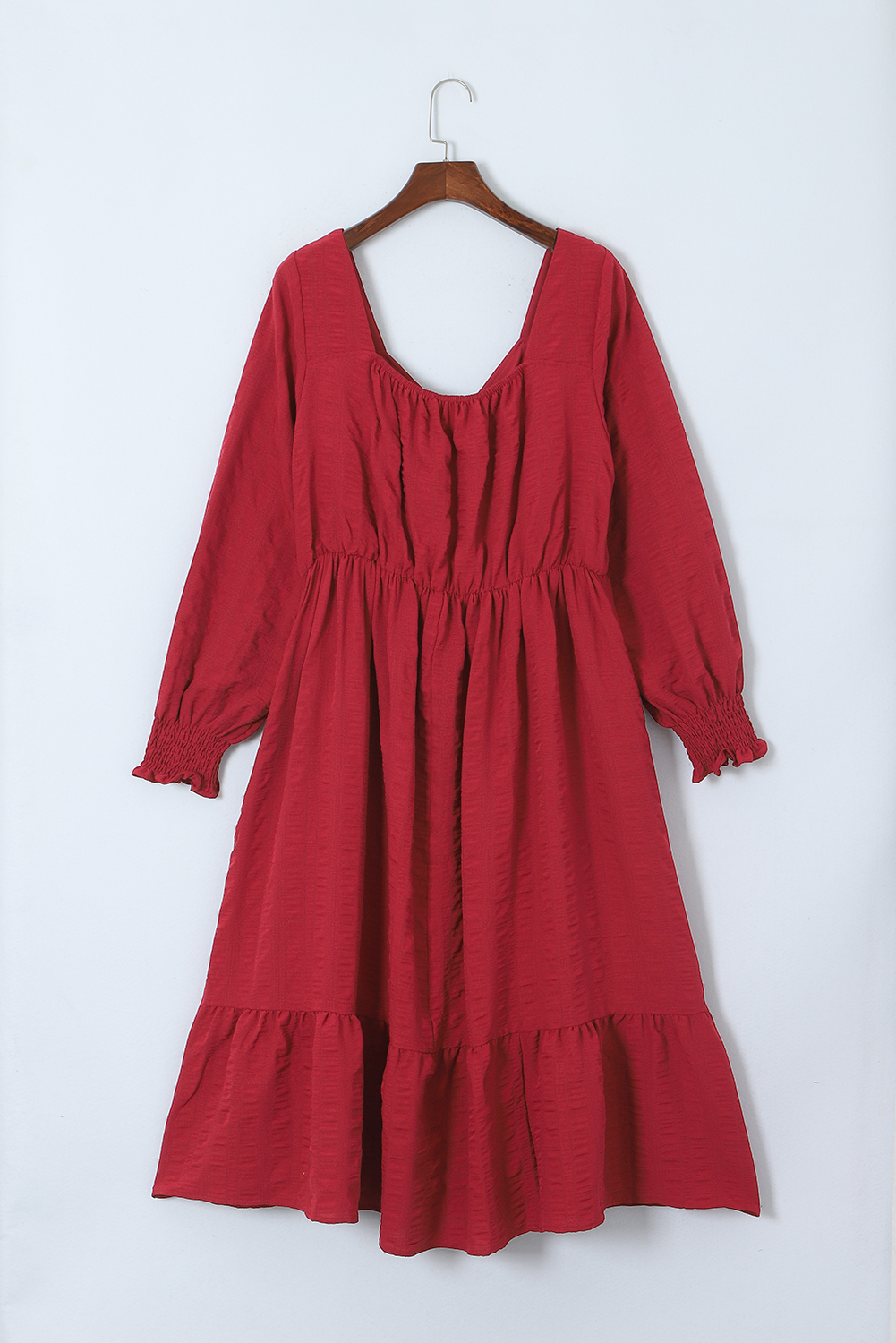 Plus Size Fiery Red Lace-up Ruched Front Long Sleeve Ruffle Hem  Midi Dress