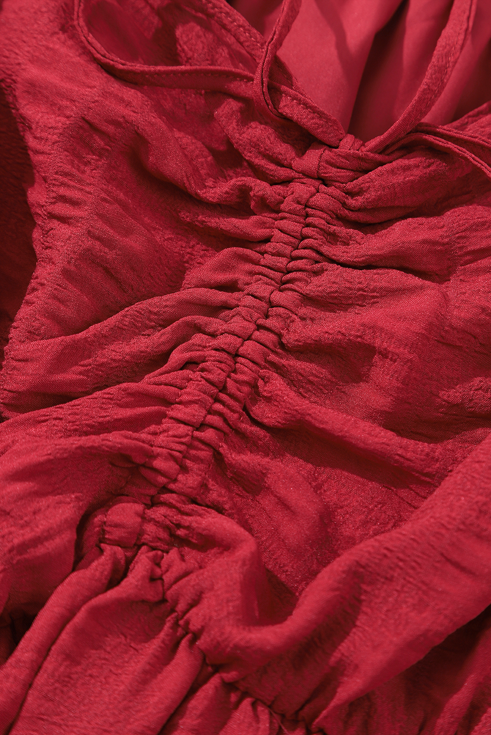 Plus Size Fiery Red Lace-up Ruched Front Long Sleeve Ruffle Hem  Midi Dress