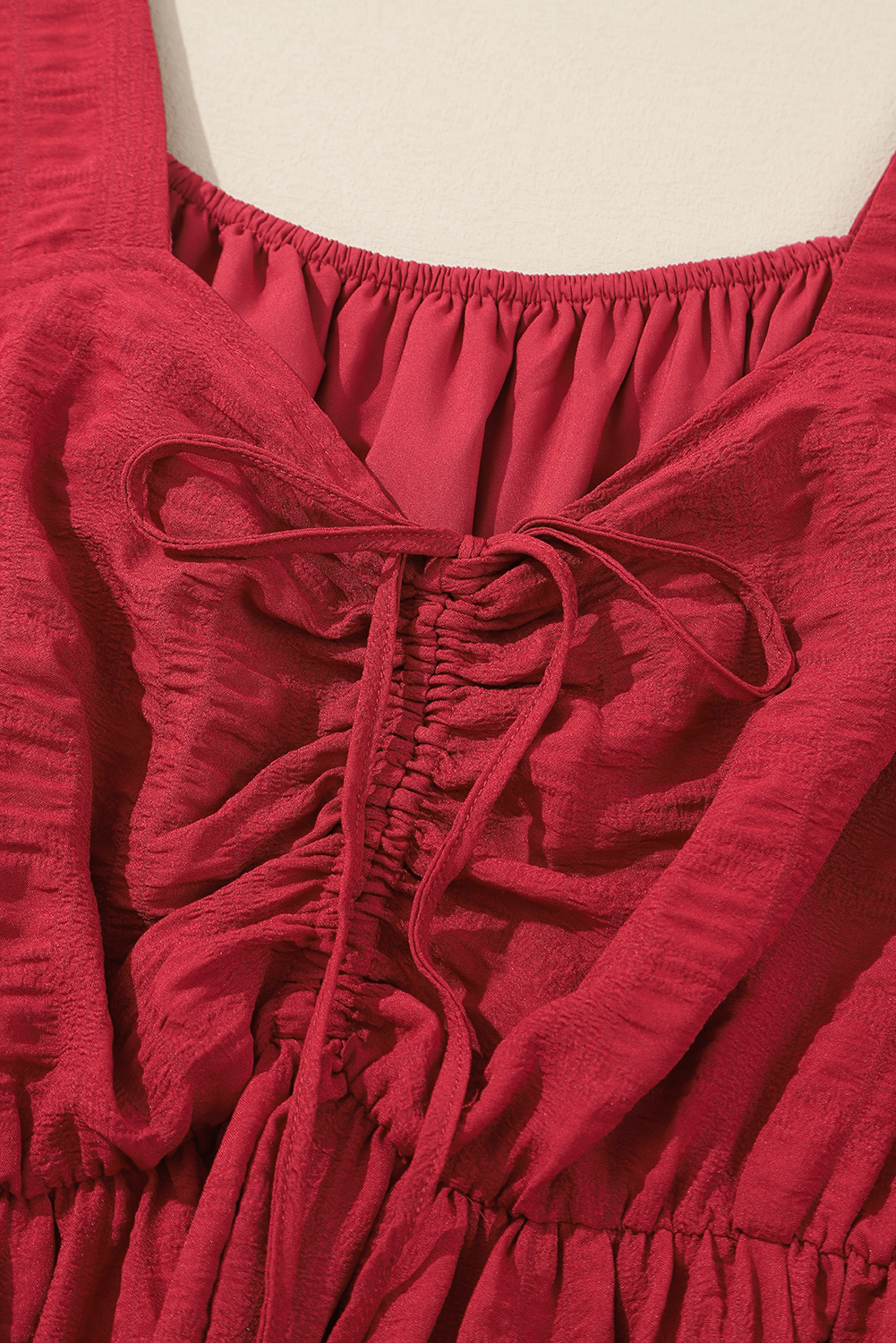 Plus Size Fiery Red Lace-up Ruched Front Long Sleeve Ruffle Hem  Midi Dress