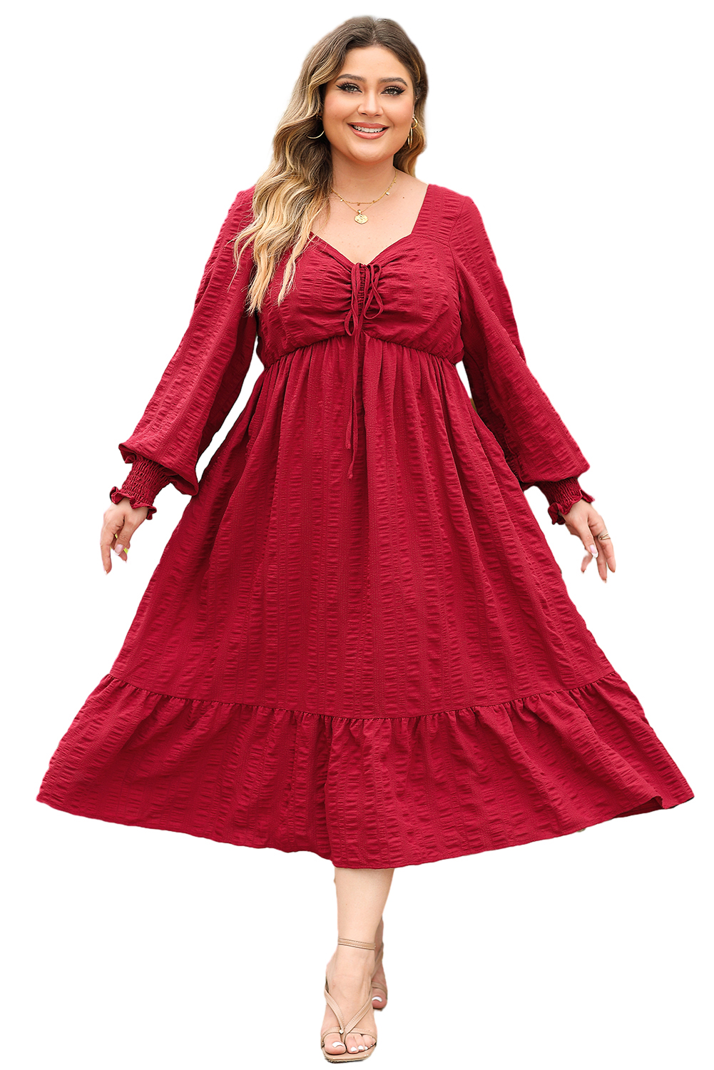 Plus Size Fiery Red Lace-up Ruched Front Long Sleeve Ruffle Hem  Midi Dress