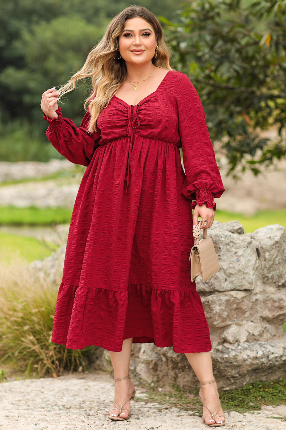 Plus Size Fiery Red Lace-up Ruched Front Long Sleeve Ruffle Hem  Midi Dress