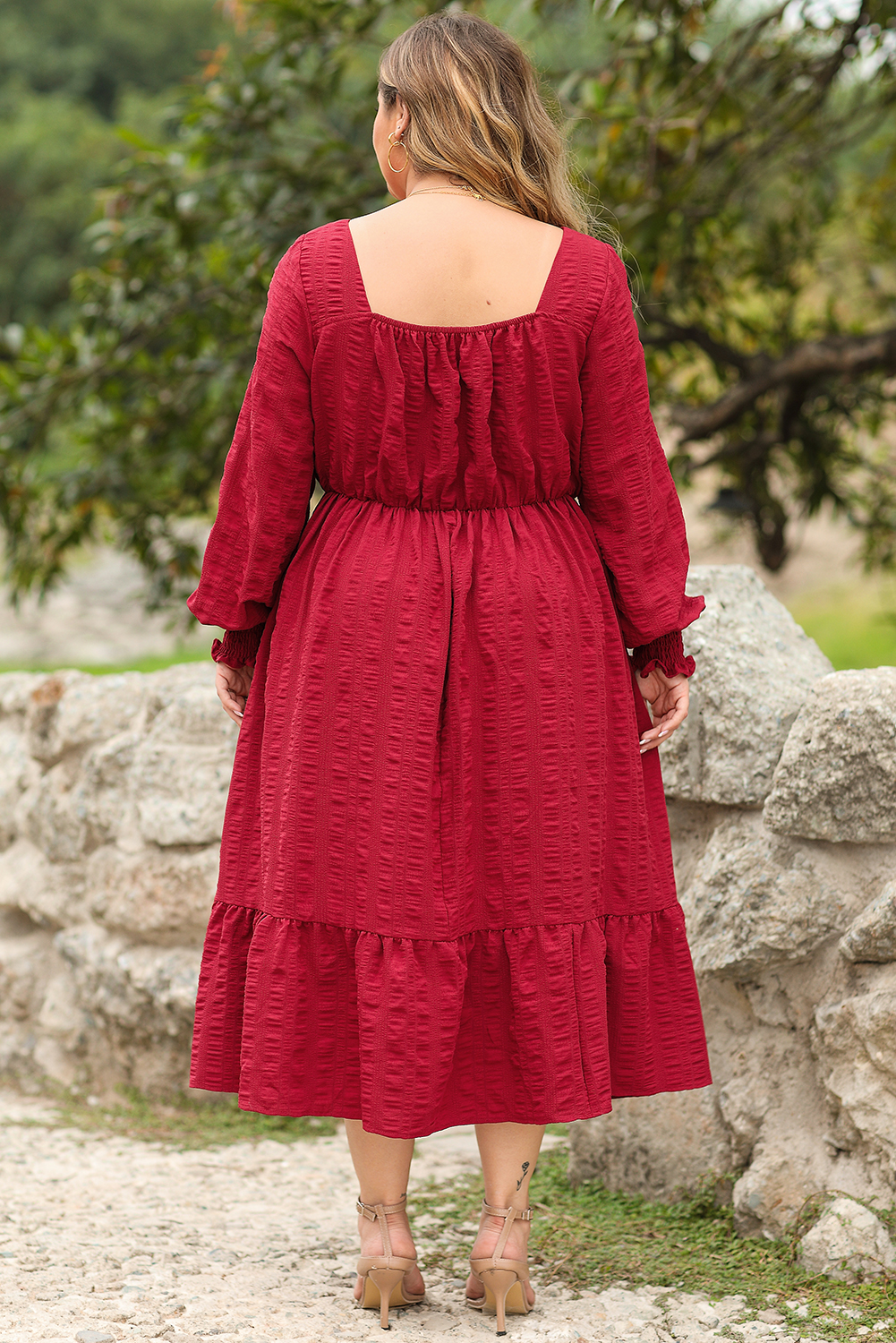Plus Size Fiery Red Lace-up Ruched Front Long Sleeve Ruffle Hem  Midi Dress