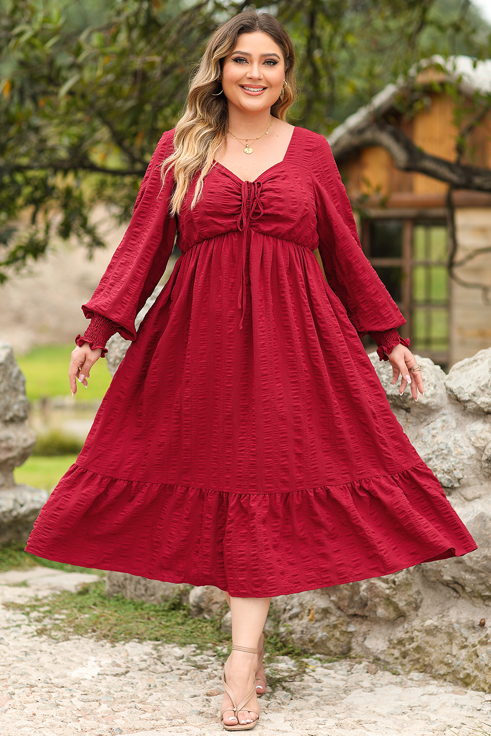 Plus Size Fiery Red Lace-up Ruched Front Long Sleeve Ruffle Hem  Midi Dress