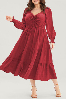 Plus Size Fiery Red Lace-up Ruched Front Long Sleeve Ruffle Hem  Midi Dress