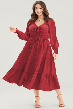 Plus Size Fiery Red Lace-up Ruched Front Long Sleeve Ruffle Hem  Midi Dress