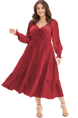 Plus Size Fiery Red Lace-up Ruched Front Long Sleeve Ruffle Hem  Midi Dress