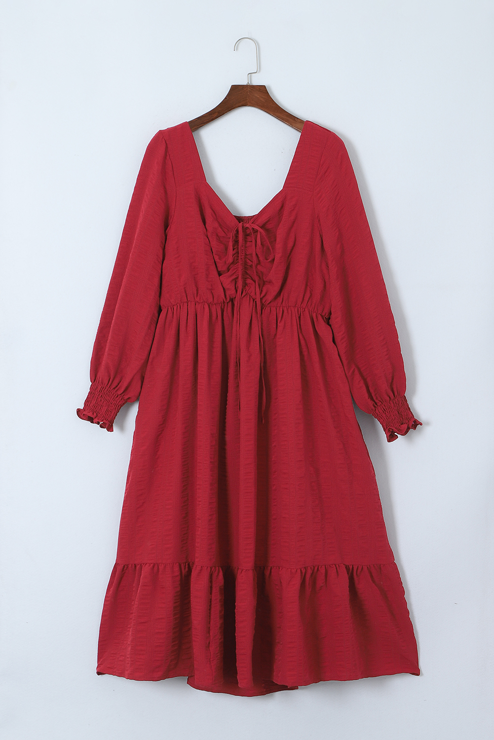 Plus Size Fiery Red Lace-up Ruched Front Long Sleeve Ruffle Hem  Midi Dress