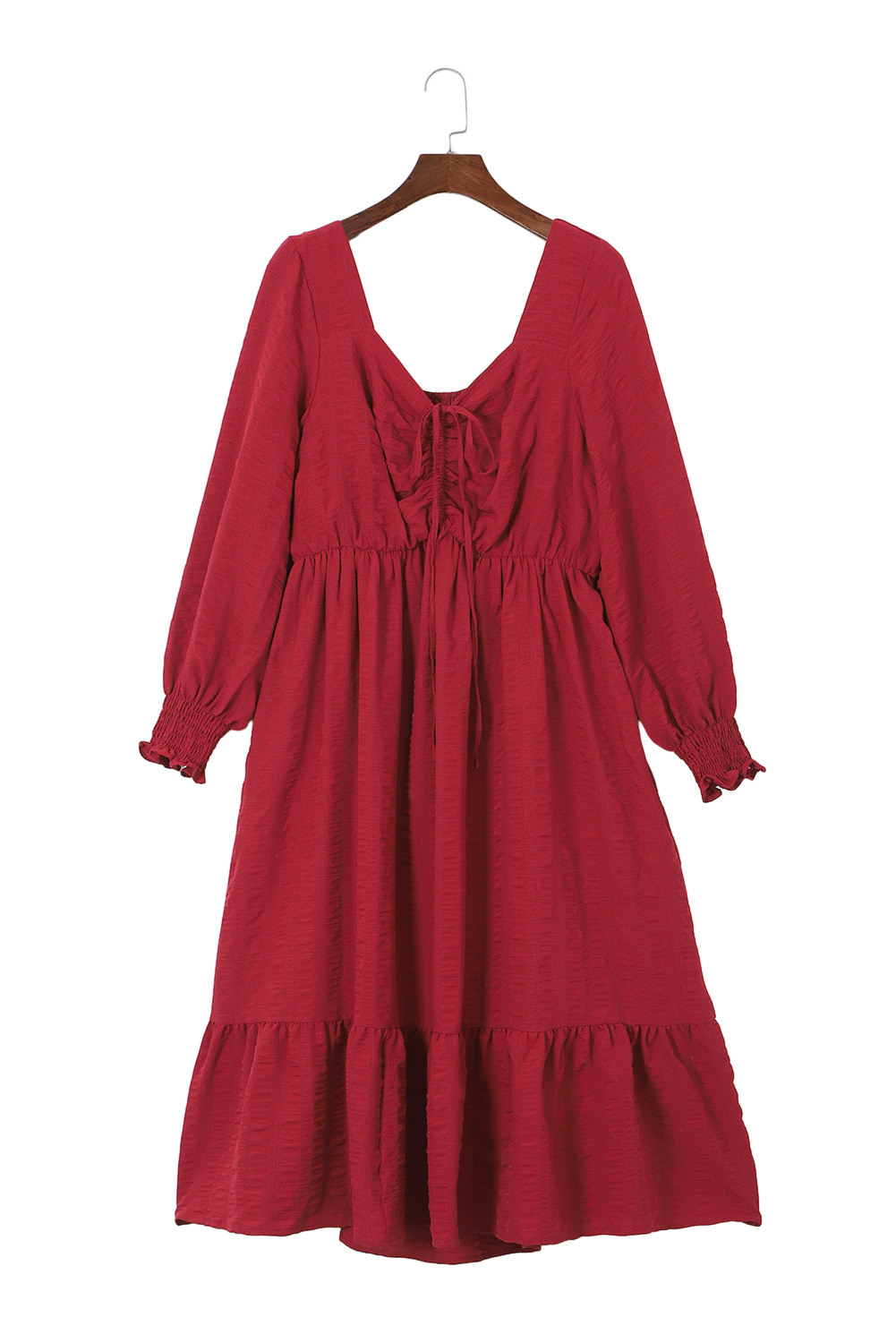 Plus Size Fiery Red Lace-up Ruched Front Long Sleeve Ruffle Hem  Midi Dress