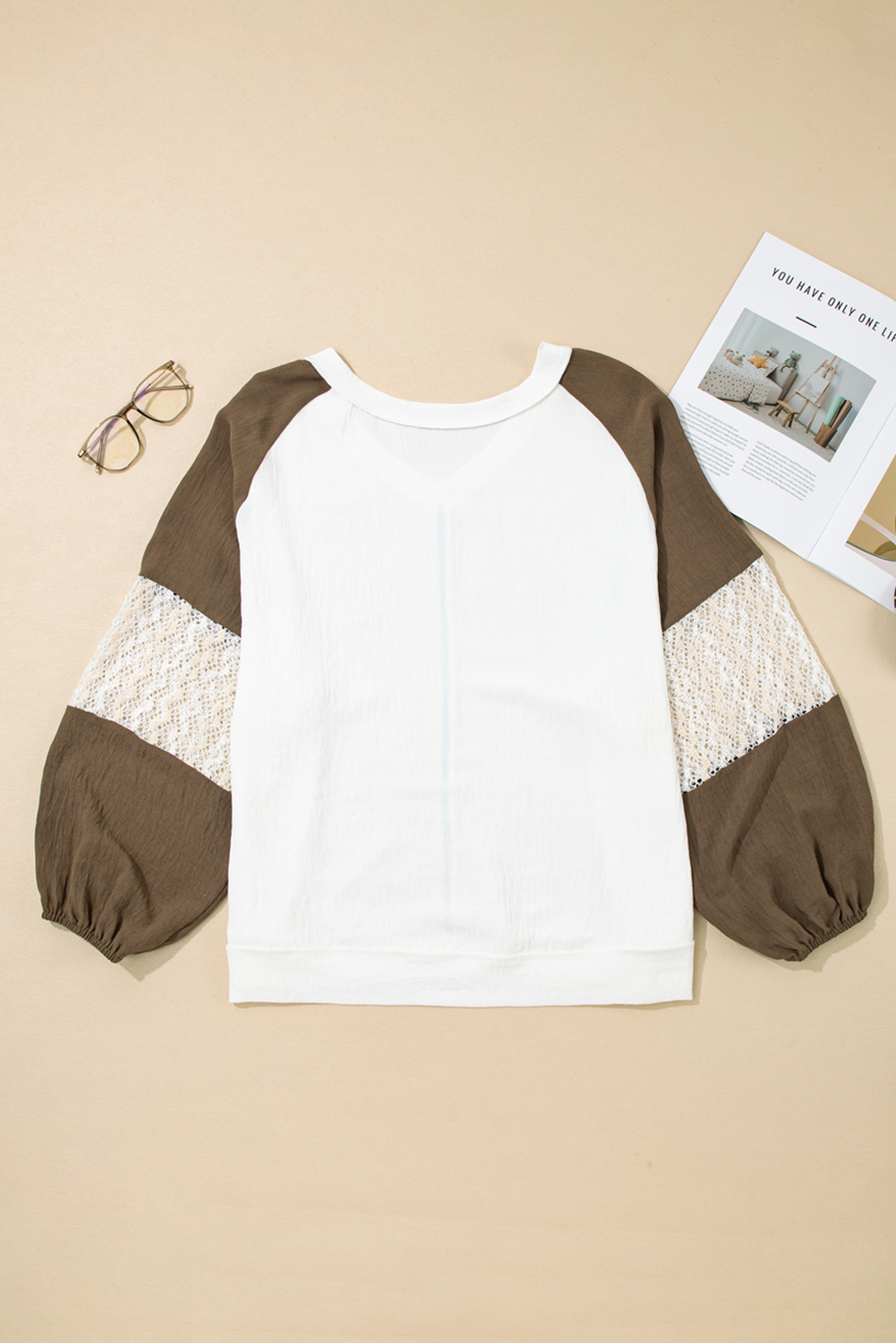 Plus Size Green Colorblock Lace Patchwork Balloon Sleeve V Neck  Blouse