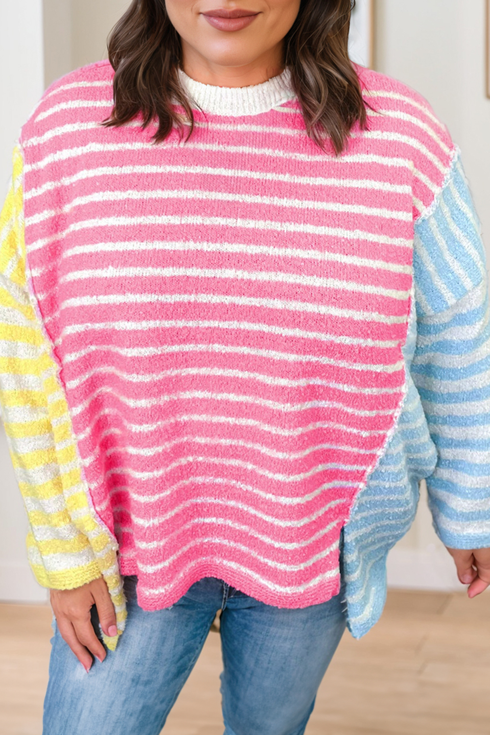 Plus Size Multicolour Striped Exposed Seam Colorblock Patchwork  Sweater