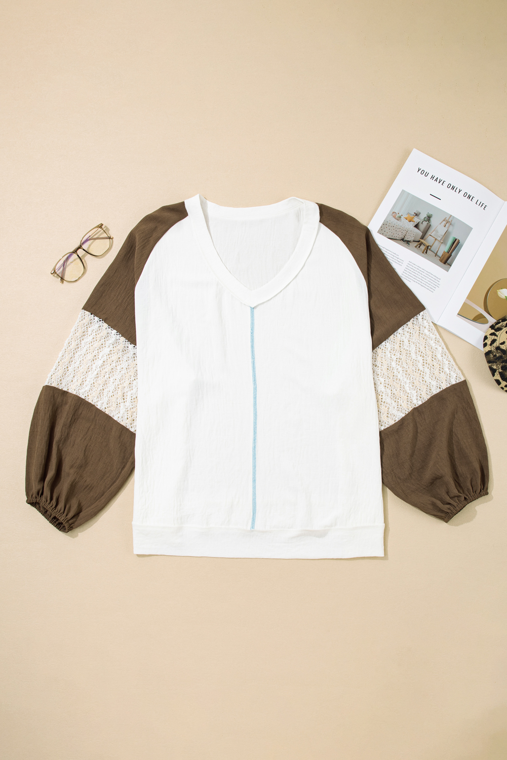 Plus Size Green Colorblock Lace Patchwork Balloon Sleeve V Neck  Blouse