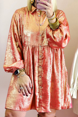Plus Size Peach Blossom Metallic Balloon Sleeve Shirt  Mini Dress
