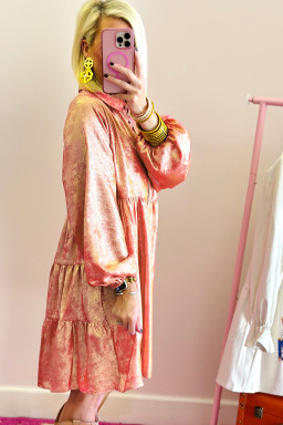 Plus Size Peach Blossom Metallic Balloon Sleeve Shirt  Mini Dress