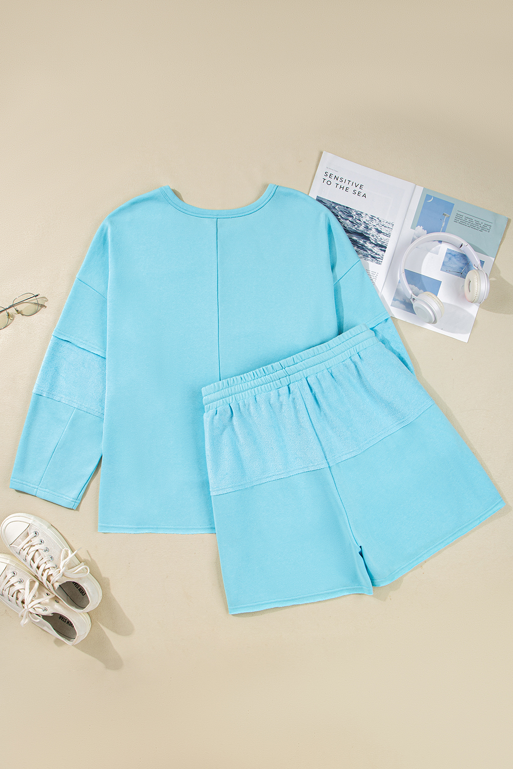 Plus Size Aruba Blue  Solid Color Splicing Raw Hem Pullover Top Shorts Set