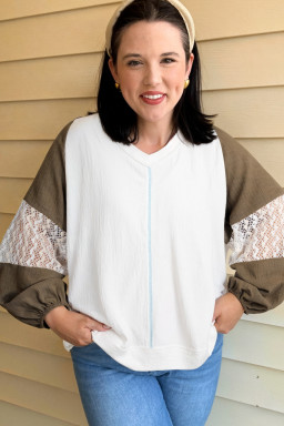 Plus Size Green Colorblock Lace Patchwork Balloon Sleeve V Neck  Blouse