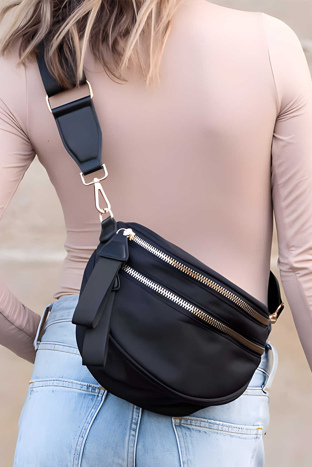 Color black Double Zip Crescent Shape Adjustable Sling Bag