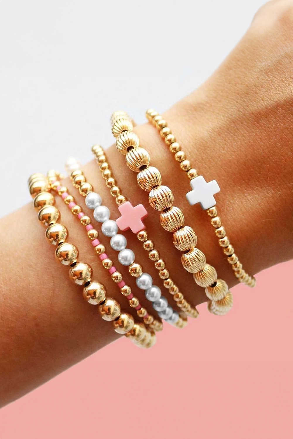 Gold Plated Beading Pearl Cross Decor Multilayer Bracelet