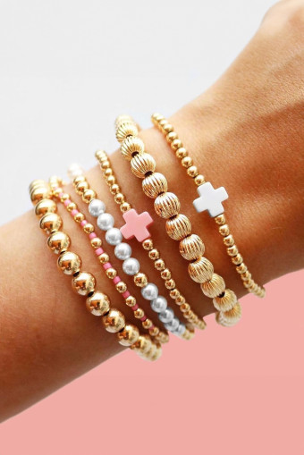 Gold Plated Beading Pearl Cross Decor Multilayer Bracelet